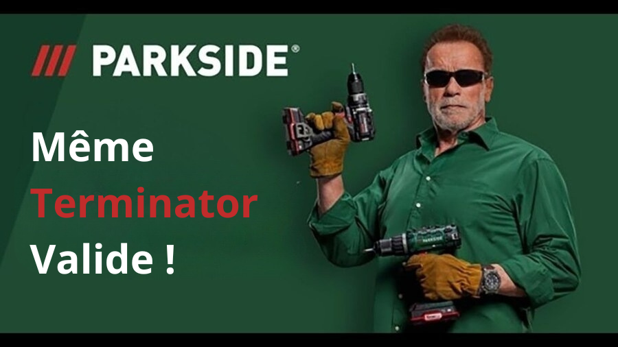 Arnold Schwarzenegger fait la promo de la marque parkside il tient des perforateurs dans ses mains sur un fond vert foncé