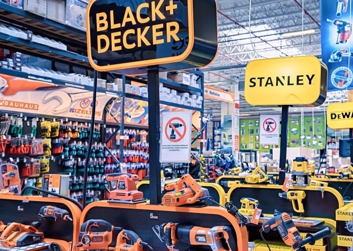 Panneaux de têtes de gondoles dans un supermarché de bricolage qui représentent les marques black + decker et Stanley works.