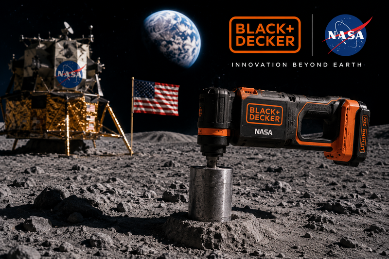 Une scène très cinématographique et symbolique, pensée pour illustrer la collaboration historique entre Black+Decker et la NASA autour des missions lunaires.